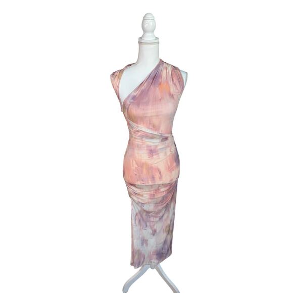 MISHA Tillie Mesh Midi Dress Waterlily Print Size XXS EU32 | Ruched Asym Bodycon - Picture 2 of 5